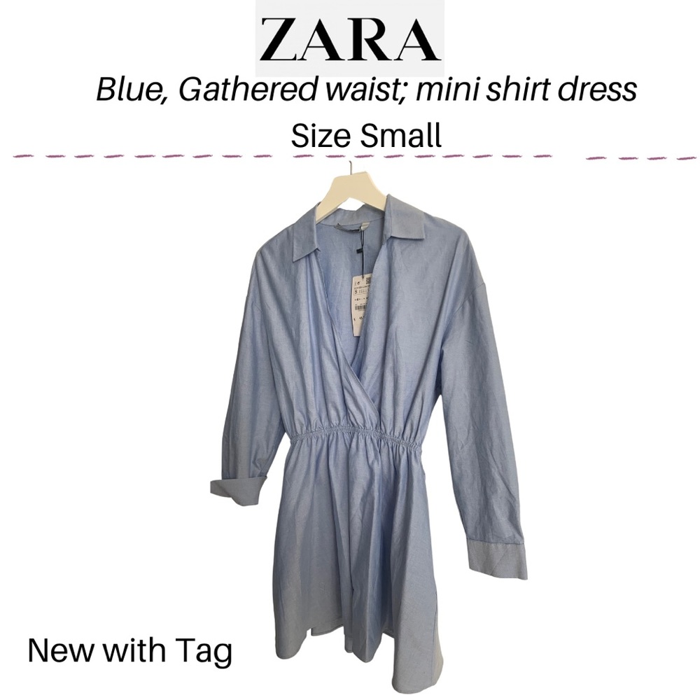 Zara Blue Collared Mini Shirt dress v-neck gathered waist; pockets;  size Small